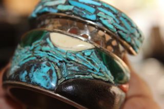 HEAVY VINTAGE NAVAJO DURKEE INDIAN SILVER TURQUOISE PETRIFIED WOOD CORAL CUFF 3