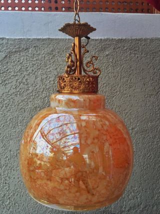1930s Large French Vintage Orange Antique Ceiling Light with Bronze Handling 2