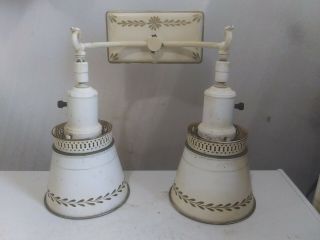 Vintage Mid - Century Dual Wall Mount Light Metal Two Shades Sconce Electric Lamp