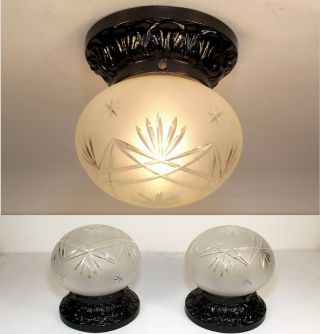 Pair Antique Victorian Cast Iron Cut Glass Globe Flush Ceiling Fixtures Restored