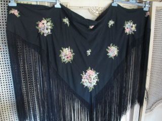 Exquisite Antique 1920s - 40s Black Silk Hand 3d Embroidery Shawl Or Piano Scraf