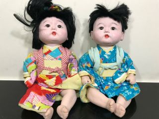 2pc Boy & Girl Japanese Composition Gofun Silk Ichimatsu Infant Baby Dolls