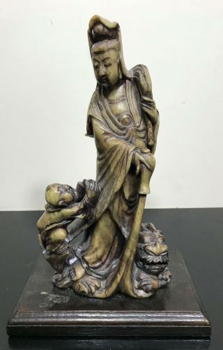 Vintage Chinese Carved Hard Stone Kwan Yin Foo Dog Art Statue Sculpture 9”