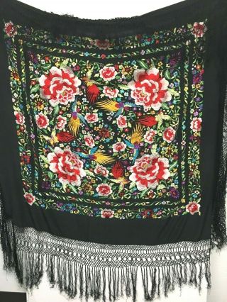 Antique 1920 - 30s Brightly Embroidered Black Piano Shawl Knotted 10/14 " Fringe