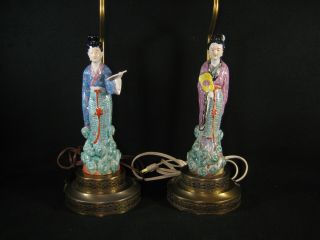 Vintage Chinese C.  1950 Brass And Ceramic Lamps Ladies Of The Imperial Court