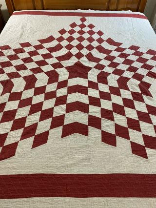 Omg Vintage Handmade Hand Quilted Red & White 5 Point Lone Star Quilt 84 " X 87 "