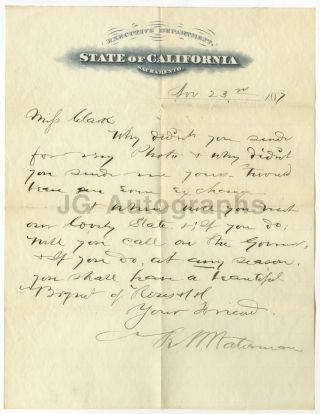 Robert Waterman - 17th Governor Of California - Signed Letter (als),  1887