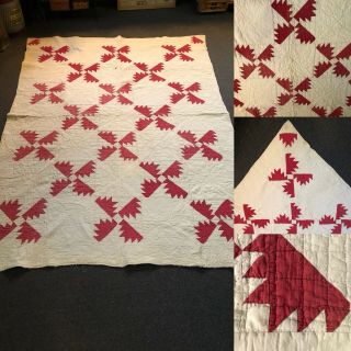 Vtg 1900’ Handmade Patchwork Quilt.  White W/turkey Red Bear Paw Pattern Quilt