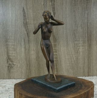 Marcel Bouraine Art Deco Bronze & Marble Sculpture Of Nude Lady Standing Statue