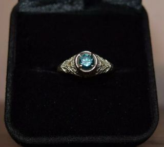 14k White Gold Art Deco Ring With Blue Diamond And White Diamond Accents Sz 6.  25