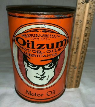 Antique Oilzum Motor Oil Tin Litho Can Vintage Gas Service Station No 1