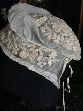 Remarkable French Antique Ladies Bonnet - Hand Embroidery &application On Muslin