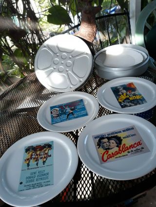 Vintage Pottery Barn Hollywood Cocktail Plates In Movie Reel Tin Set 4 No Chips