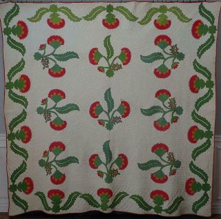 Christmas Coxcomb,  Berries Antique Red Cheddar Green Applique QUILT 94x92 3
