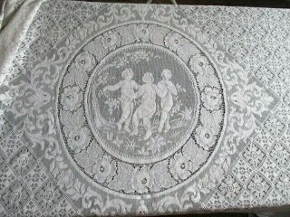 Antique Vintage French Filet Lace Bed Cover.  Cherubs,  Fringed Large.