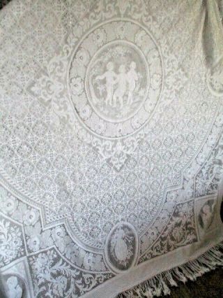Antique Vintage French Filet Lace Bed Cover.  Cherubs,  Fringed Large. 2