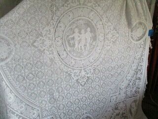 Antique Vintage French Filet Lace Bed Cover.  Cherubs,  Fringed Large. 3