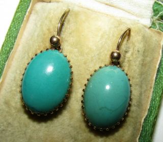 Large,  Antique Victorian 9 Ct Gold Earrings With Persian Turquoise