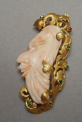 18k Gold Ruby Emerald Brooch Pin Italian Carved Angel Skin Coral Grotesque Face