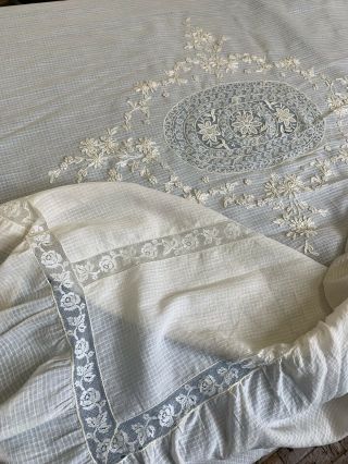 Antique Normandy Lace Bedspread - Cotton Windowpane - Rows Of Insert Lace