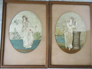 Antique Framed Embroidery Classical Figures With Wine & Harp Painted