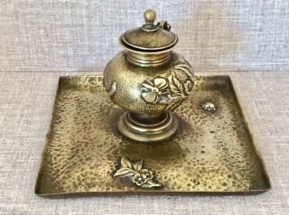 Rare 19th Century Aesthetic Movement Hand Hammered Cast Brass Inkwell C1870