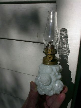 Old Small C.  1900 Pale Blue Milk Glass Roses Pattern Antique Miniature Oil Lamp