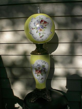 Old Lg.  Tall Ornate 1890s Pansy Flower Victorian Antique Gwtw Oil Lamp