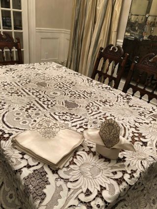 Vintage Madeira Tablecloth Set With 12 Napkins,  Vintage,  Ecru Colour,  Hand Embro