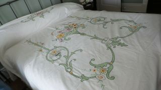 Antique Embroidered Bedspread Coverlet Yellow Floral,  Art Deco 72 " X90 "