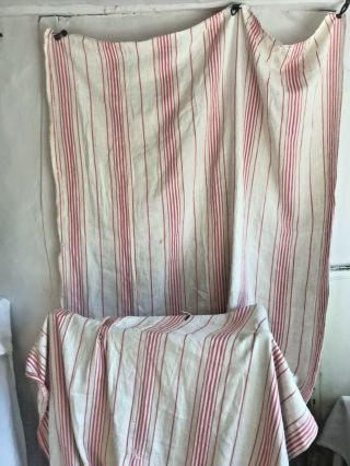 Antique French Ticking Linen Fabric Red White Vintage Home Decor / Projects 108 "