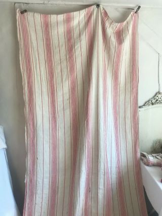 Antique French Ticking Linen Fabric Red White Vintage Home Decor / Projects 108 