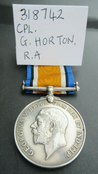 Wwi British War Medal George V Royal Artillery Cpl.  G.  Horton.  R.  A