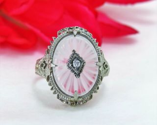 Antique 18 K White Gold Ladies Diamond Ring With Oval Camphor Crystal