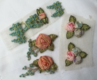 French Ribbon Rosettes Vintage Hand - Made Silk Ribbon Flowers And Silk Floss