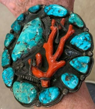 Biggest (6x5 ") Old Pawn Navajo Cuff Bracelet Turquoise Coral Serious Collectors