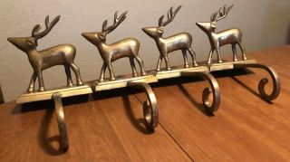 Vintage Heavy Duty Solid Brass Set Of 4 Reindeer Mantle Stocking Curved Holders