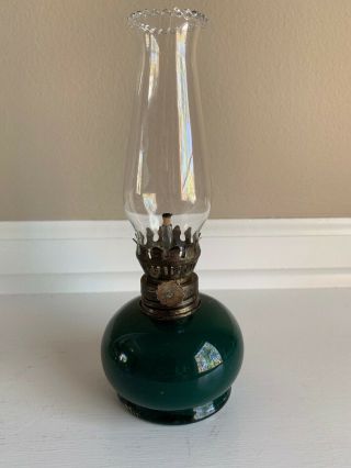 Vintage Small Green Glass Lamplight Farms Oil Lamp - Made In Italy 8”