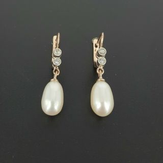Vintage Russian 14 K Rose Gold Diamond Pearl Earrings