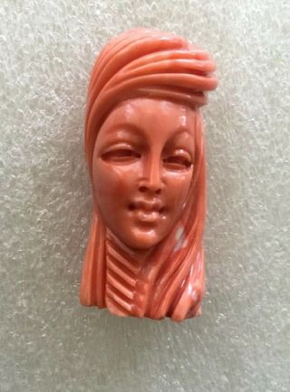 Antique Asian,  Chinese Salmon Carved Coral Bust Statue Pendant Jewelry.  22.  9 Gms