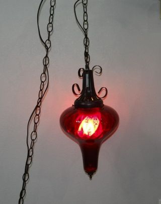 Ruby Red Glass Hanging Swag Light Lamp W Diffuser Electric Vtg Mcm
