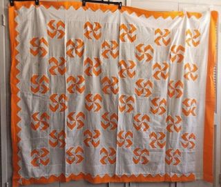 Antique Quilt Top Project Piece White With Orange “swastika” Pattern 67 " X 78 "