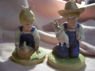 Home Interiors Denim Days 1521 " Easter Time " Girl/boy/bunny Homco 1985