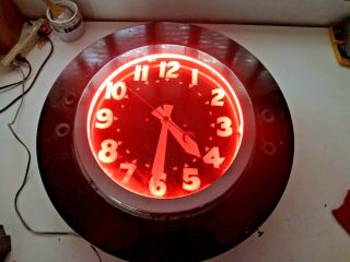 Vintage 27 " Crescent Hand Neon Advertising Clock Red Neon