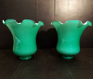Pair Vintage Green Cased Glass Ruffle Lamp Shades Hanging Pendant Light 2.  25 Fit