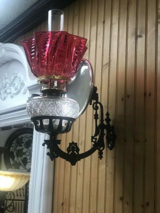 Antique Wall Bracket Oil Lamp With Cranberry Shade