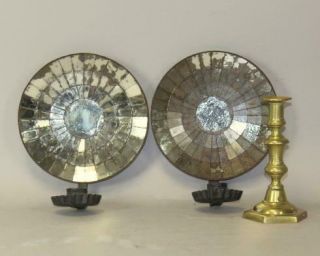 A Rare 19th C Round Tin Mirrored Candle Sconces In Old Black Paint