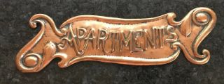 Antique Arts & Crafts Copper Sign “apartments” Plaque
