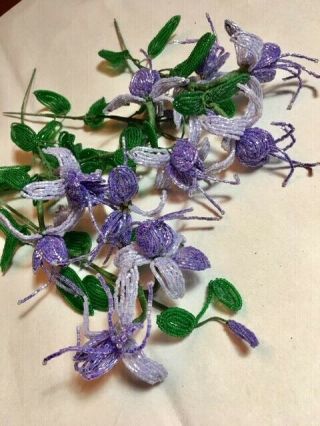 Vintage French Seed Beaded Flowers,  5 Stems Lavender Iris 10 Flowers