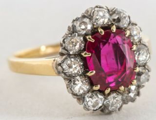 Antique Ruby & Old Mine Cut Diamonds Halo Ring 14k Gold